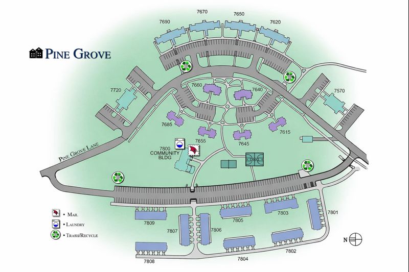 Map of Pine Grove student housing at Saginaw Valley State University showing residential buildings numbered 7615–7809 arranged along Pine Grove Lane, with the Community Building (7800), parking areas, walkways, mail, laundry, and trash/recycle locations, plus a north arrow for orientation.